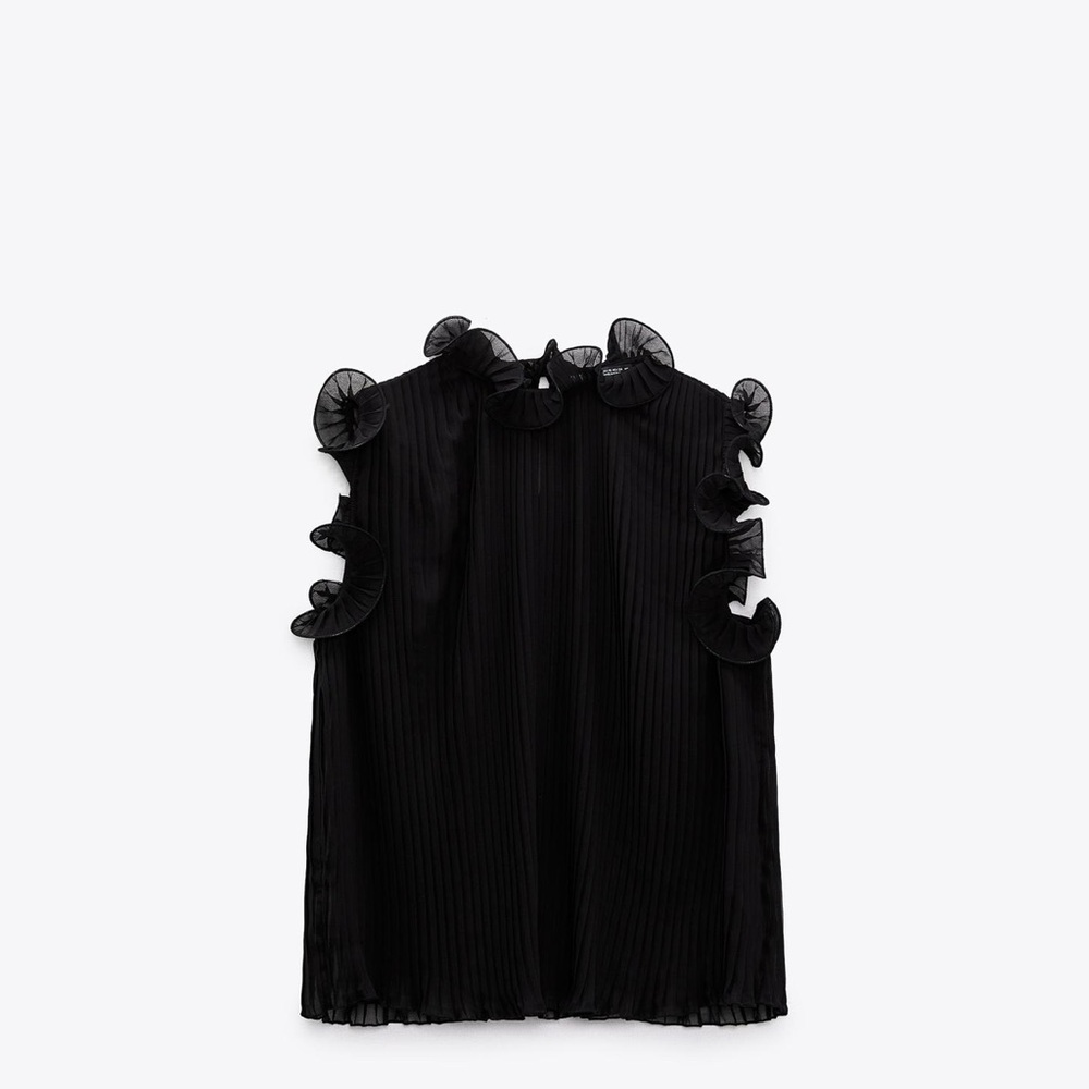 Black Pleated Ruffled Sleeveless Blouse